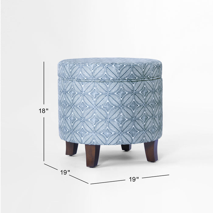 HomePop Upholstered Round Storage Ottoman -Indigo Print