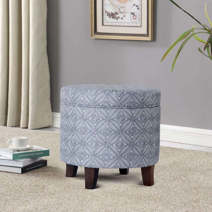 HomePop Upholstered Round Storage Ottoman -Indigo Print