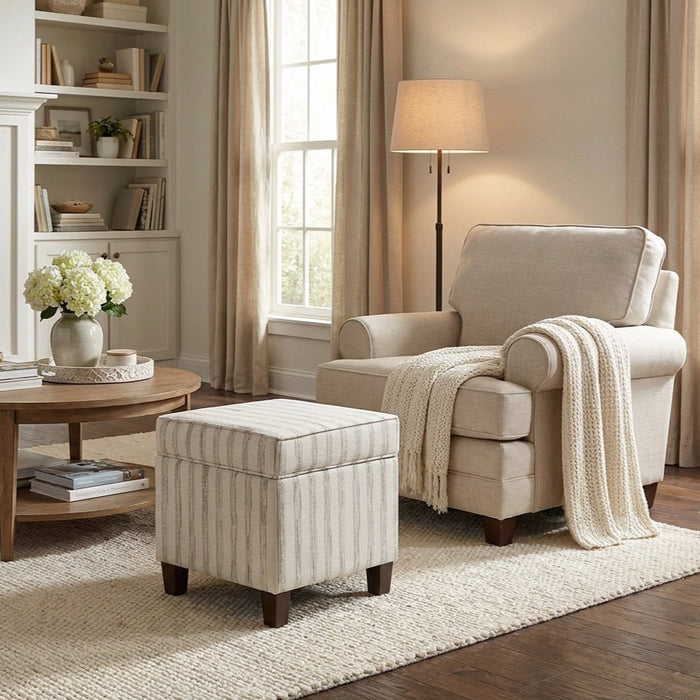 HomePop Square Ottoman with Lift Off Top - Gray and Cream Stripe