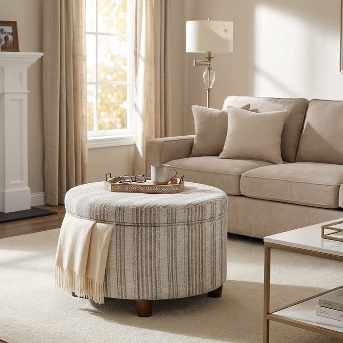 HomePop Large Round Storage Ottoman - Gray Striped Pattern