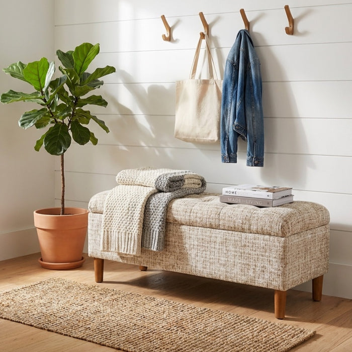 HomePop Button Tufted Storage Bench with Cone wood legs - Cream Textural Woven