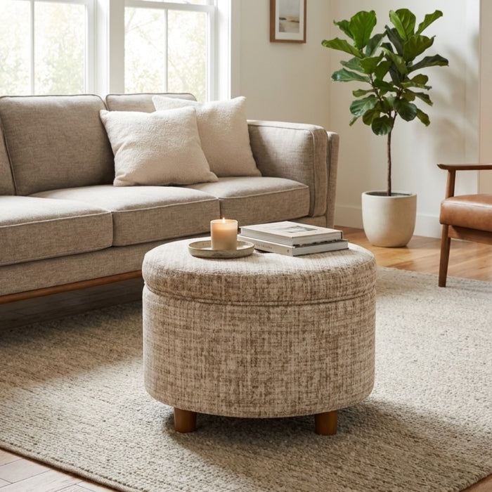 HomePop Large Round Storage Ottoman - Cream Textural Woven