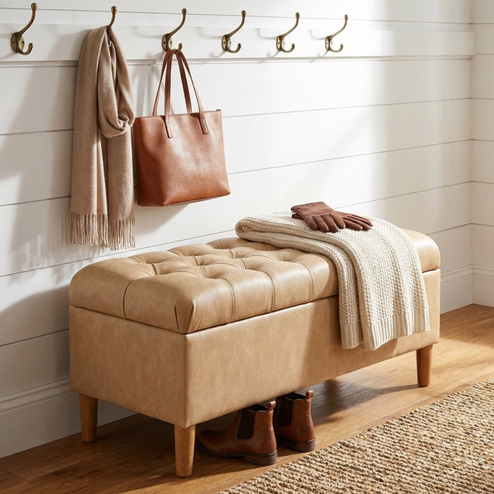 HomePop Button Tufted Storage Bench with Cone wood legs - Sand Faux Leather