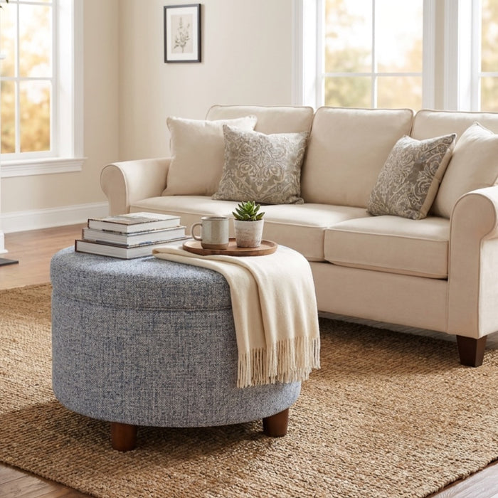 HomePop Large Round Storage Ottoman - Blue Gray Woven Fabric