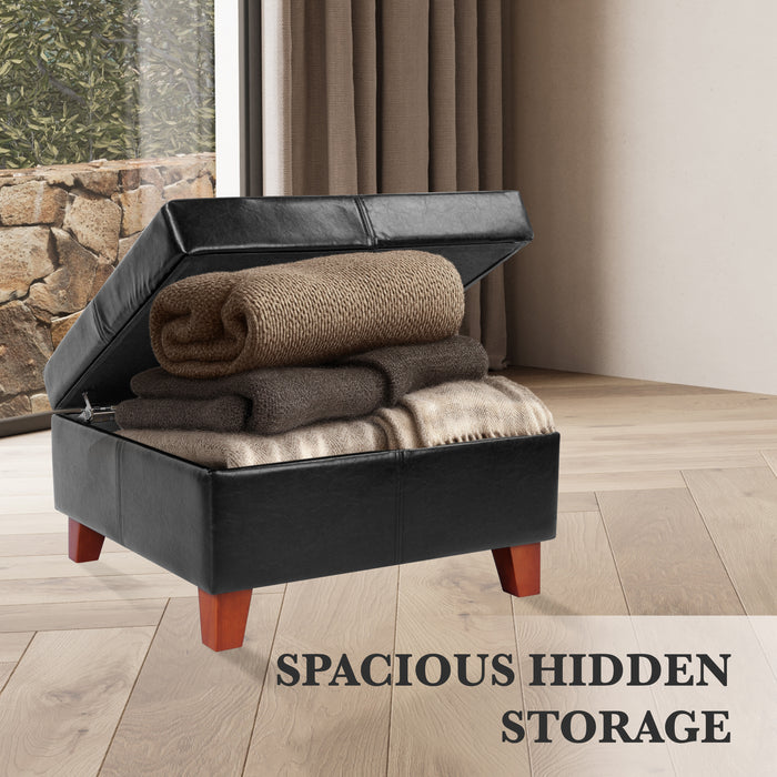 Luxury Large Faux Leather Storage Ottoman - Black