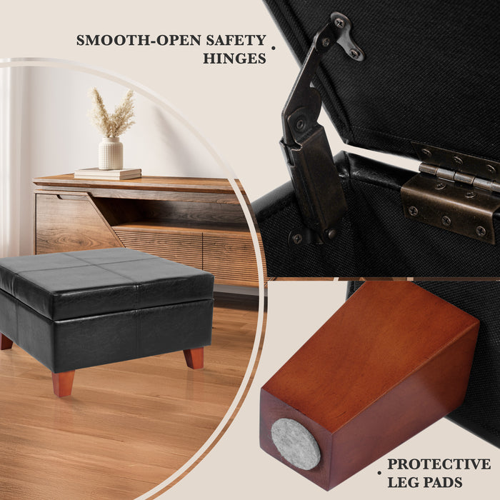 Luxury Large Faux Leather Storage Ottoman - Black