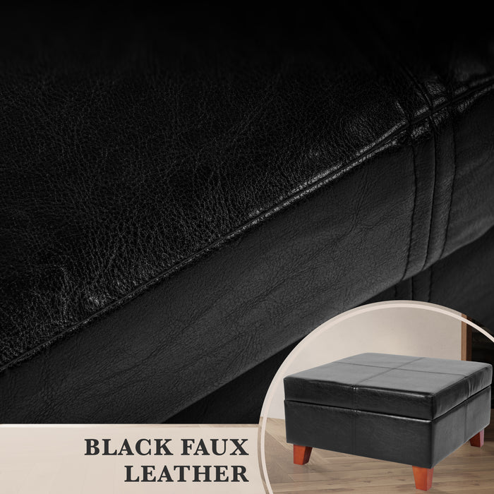 Luxury Large Faux Leather Storage Ottoman - Black