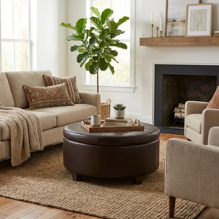 HomePo Large Round Button-top Storage Ottoman - Brown Faux Leather