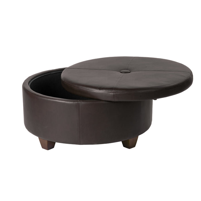 HomePo Large Round Button-top Storage Ottoman - Brown Faux Leather