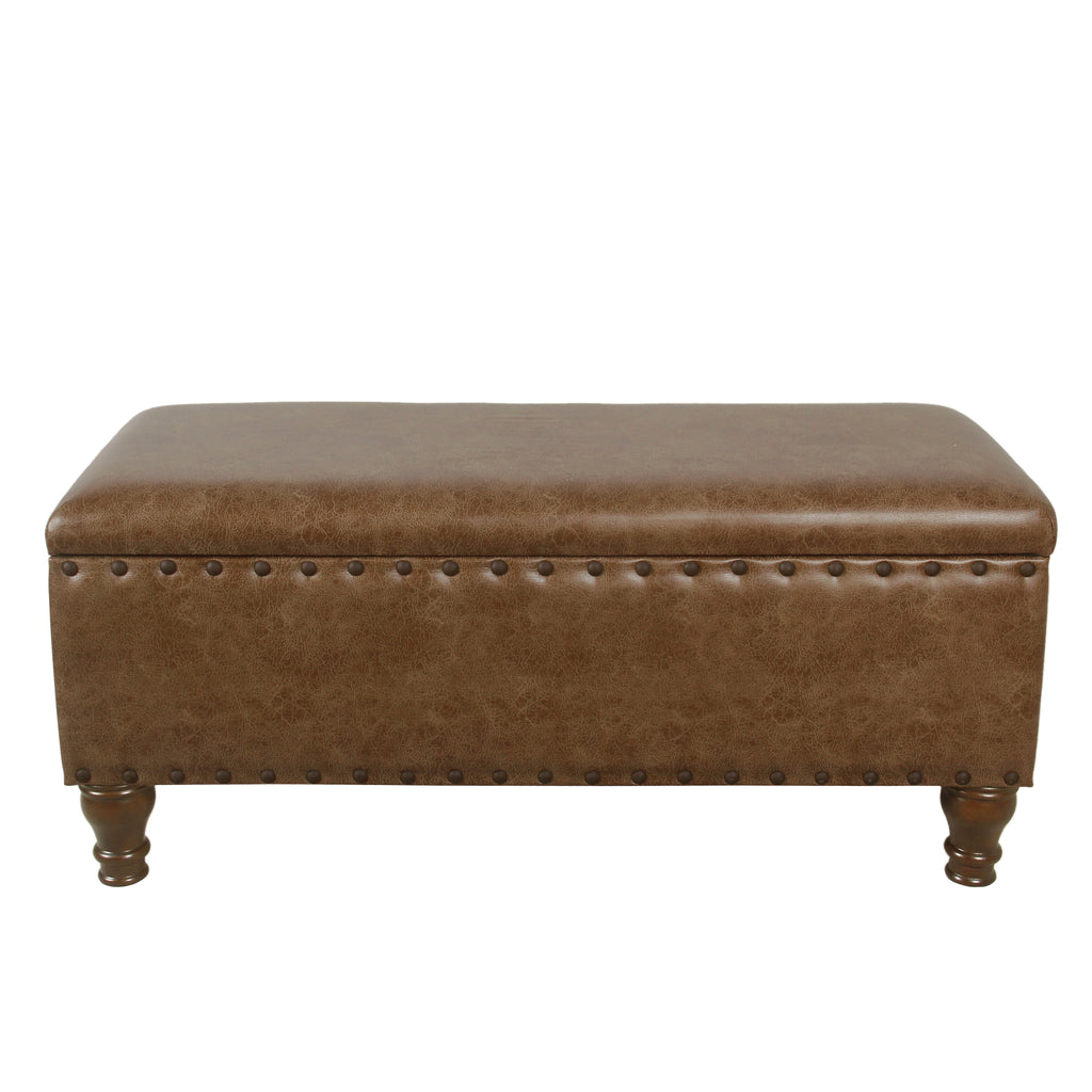 Large Storage Bench with Nailhead Trim - Distressed Brown Faux