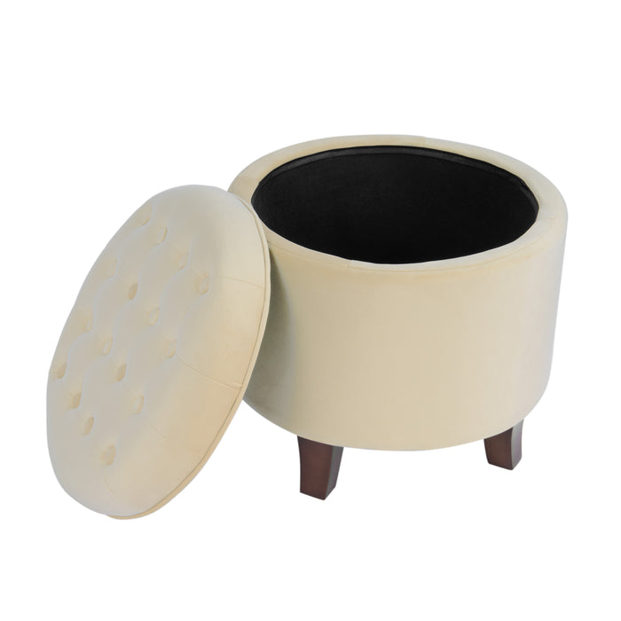 Velvet Tufted Round Ottoman with Storage - Cream