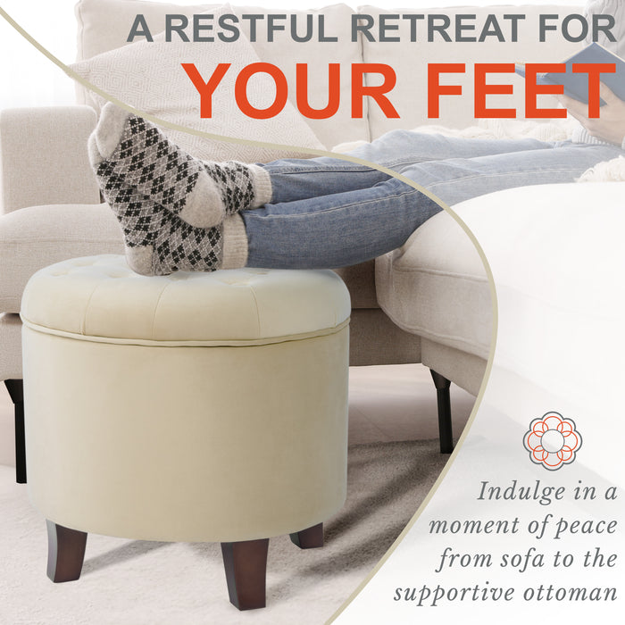 Velvet Tufted Round Ottoman with Storage - Cream