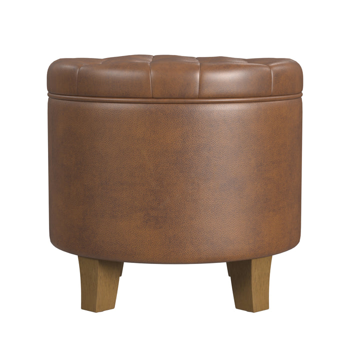 HomePop Round Storage Ottoman - Brown Faux Leather