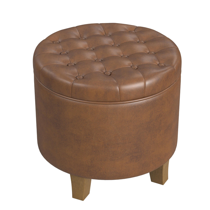 HomePop Round Storage Ottoman - Brown Faux Leather