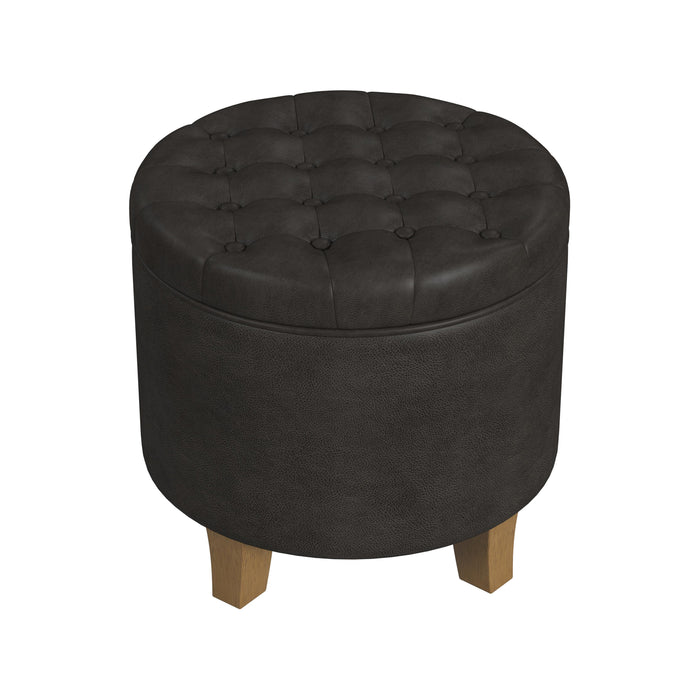 HomePop Round Storage Ottoman - Black Faux Leather