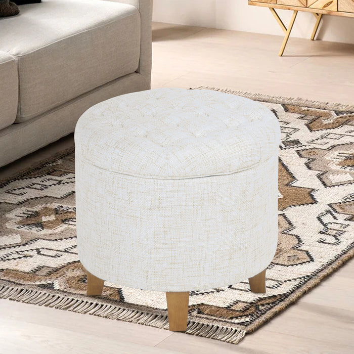 HomePop Tufted Round Ottoman with Storage-Cream Textured Solid