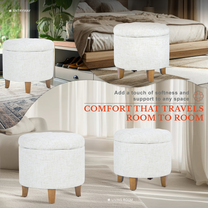 HomePop Tufted Round Ottoman with Storage-Cream Textured Solid
