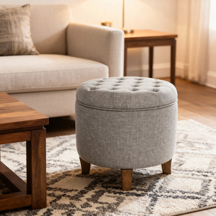 Small Tufted Round Storage Ottoman - Gray Fabric