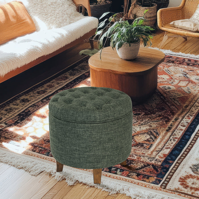 Small Tufted Round Storage Ottoman - Green Clover Fabric