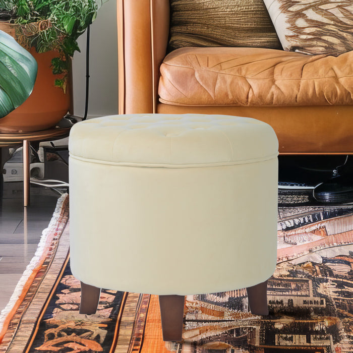 Velvet Tufted Round Ottoman with Storage - Cream