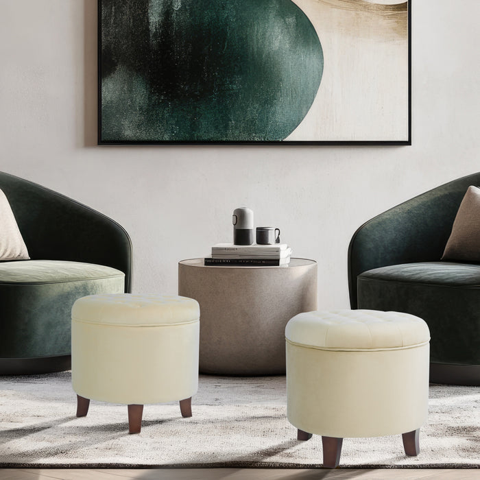 Velvet Tufted Round Ottoman with Storage - Cream