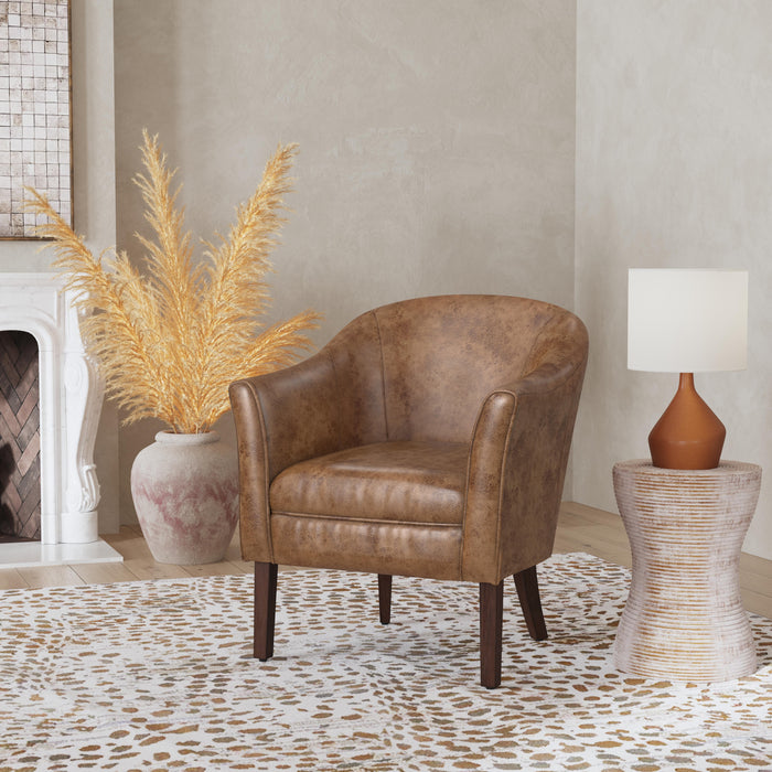 HomePop Modern Barrel Accent Chair -Distressed Brown Faux Leather