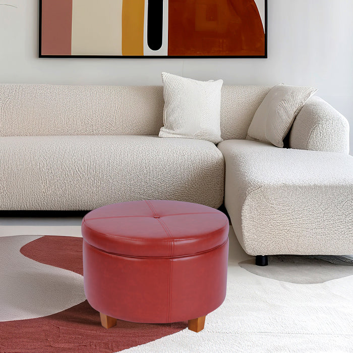Large Leatherette Storage Ottoman - Red Faux Leather