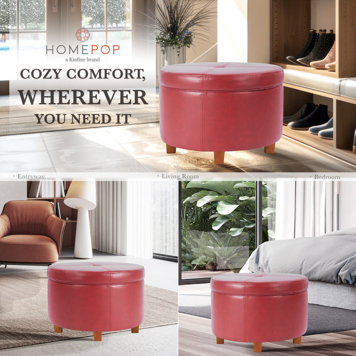 Large Leatherette Storage Ottoman - Red Faux Leather