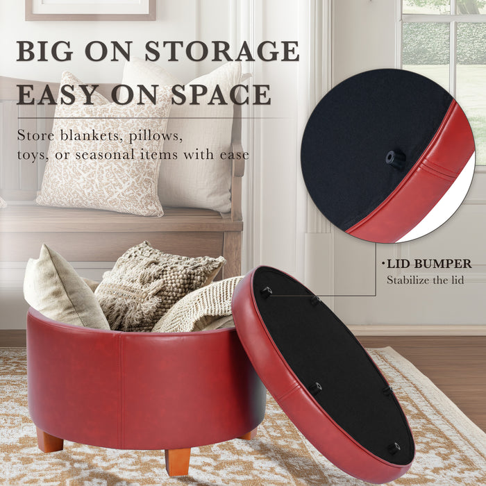 Large Leatherette Storage Ottoman - Red Faux Leather