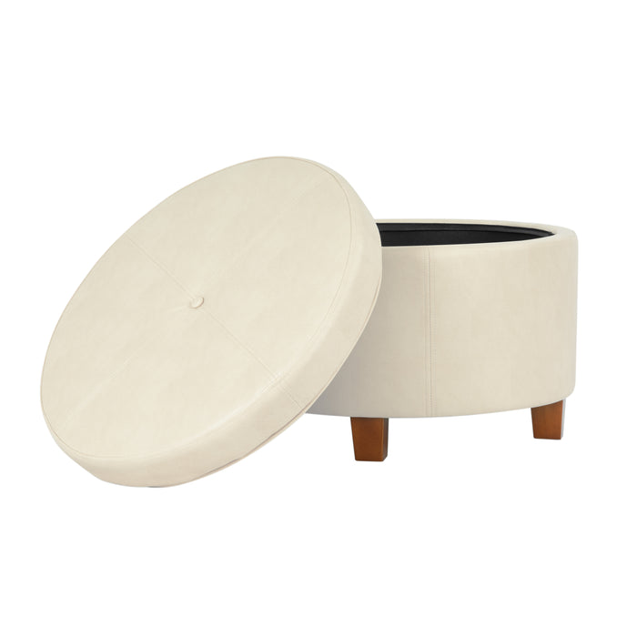 Large Leatherette Storage Ottoman - Cream Faux Leather