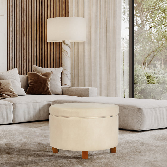 Large Leatherette Storage Ottoman - Cream Faux Leather