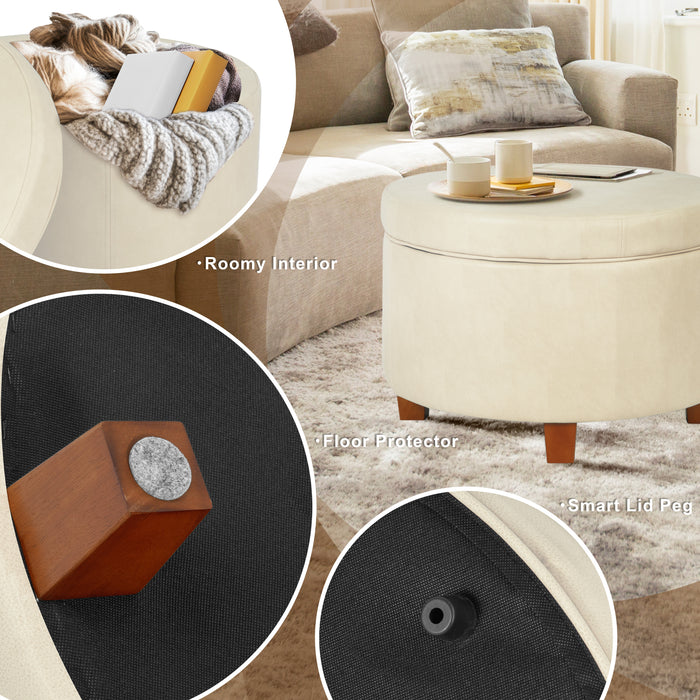 Large Leatherette Storage Ottoman - Cream Faux Leather