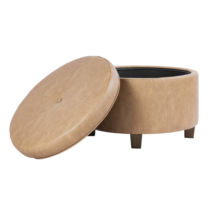 HomePop Large Round Storage Ottoman - Sand Faux Leather