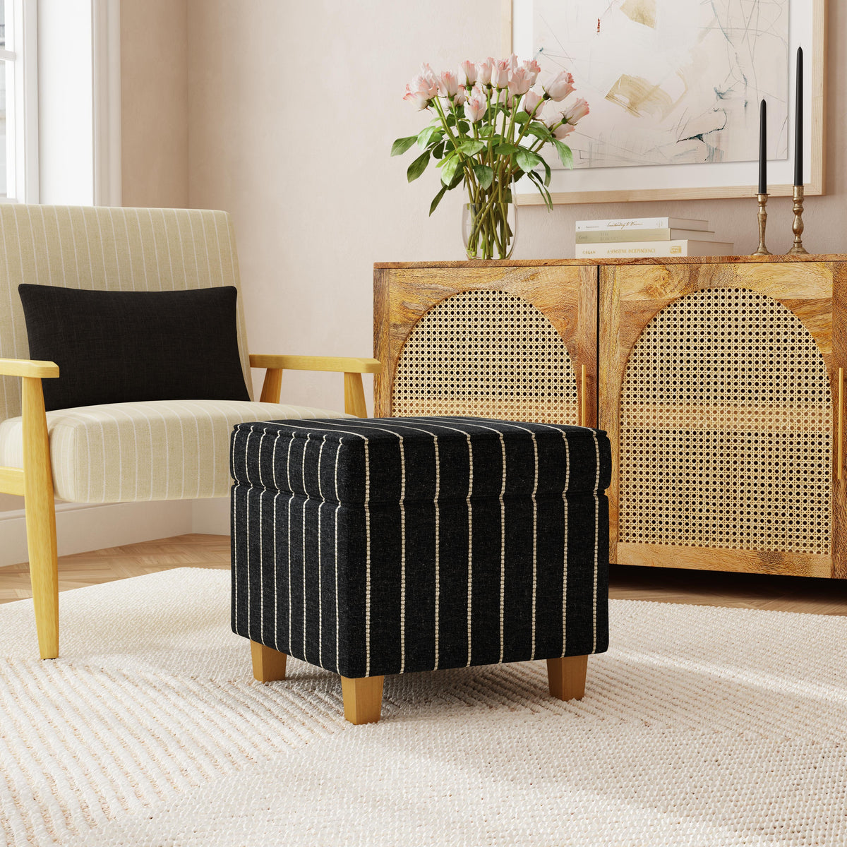 HomePop Square Ottoman with Lift Off Top - Black with Boucle