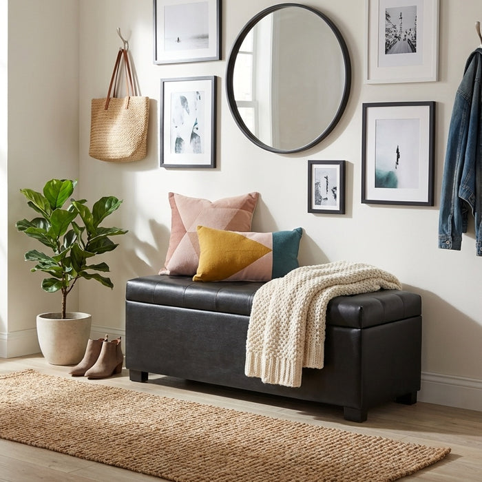 HomePop Large Tufted Storage Bench - Black Faux Leather