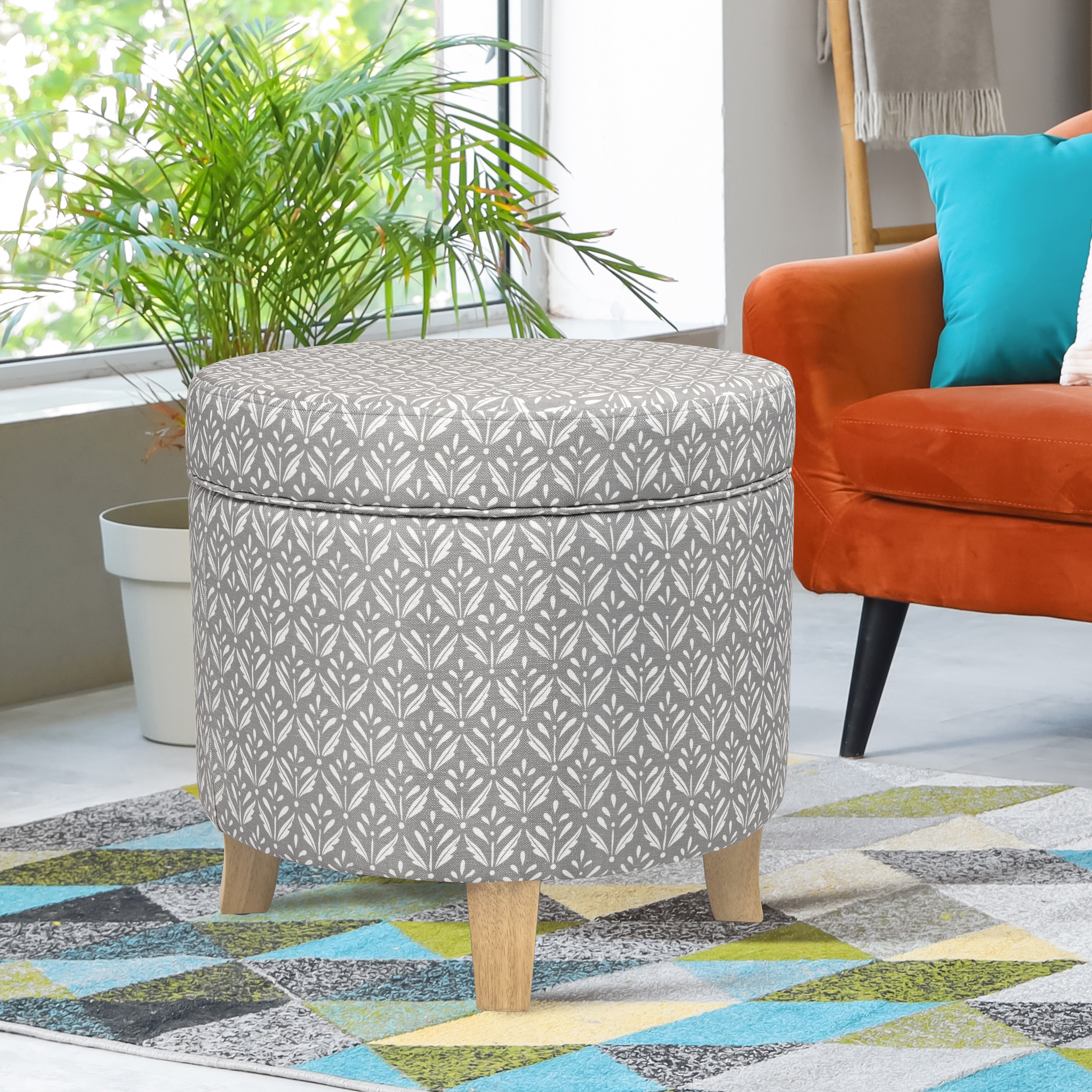 HomePop Upholstered Round Storage Ottoman - Light Grey Print