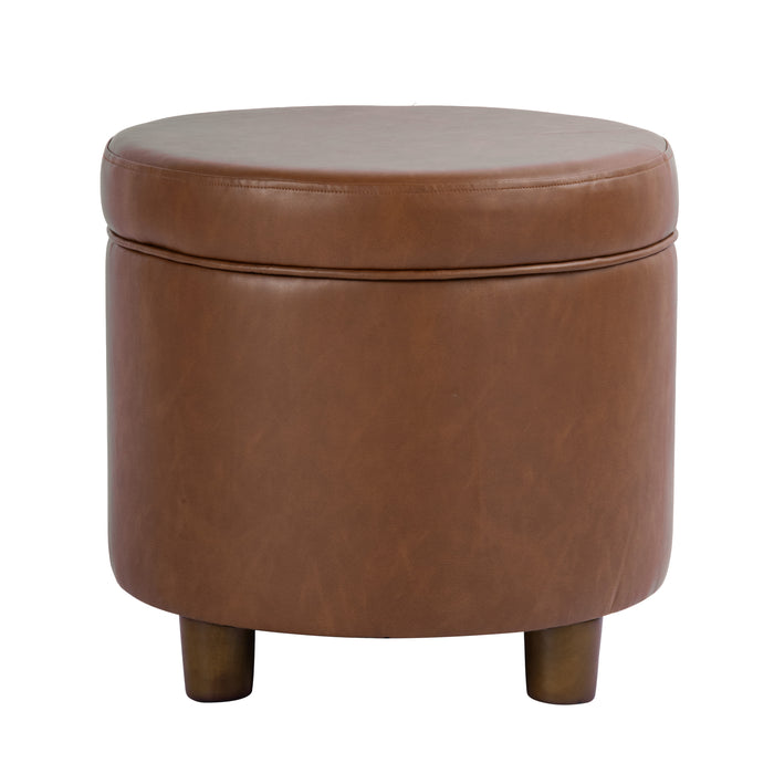 HomePop Round Storage Ottoman - Chestnut Brown Faux Leather