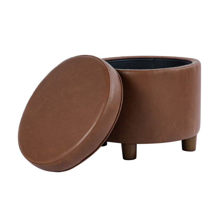 HomePop Round Storage Ottoman - Chestnut Brown Faux Leather