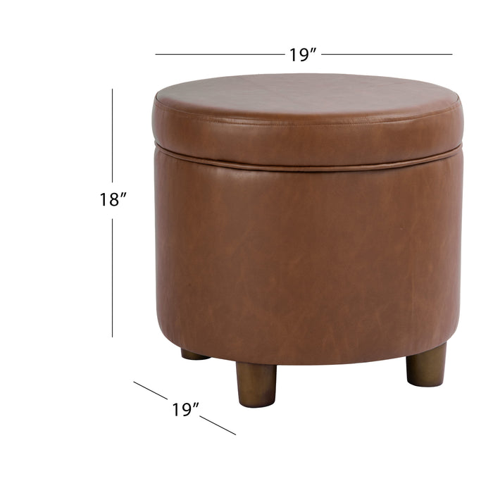 HomePop Round Storage Ottoman - Chestnut Brown Faux Leather