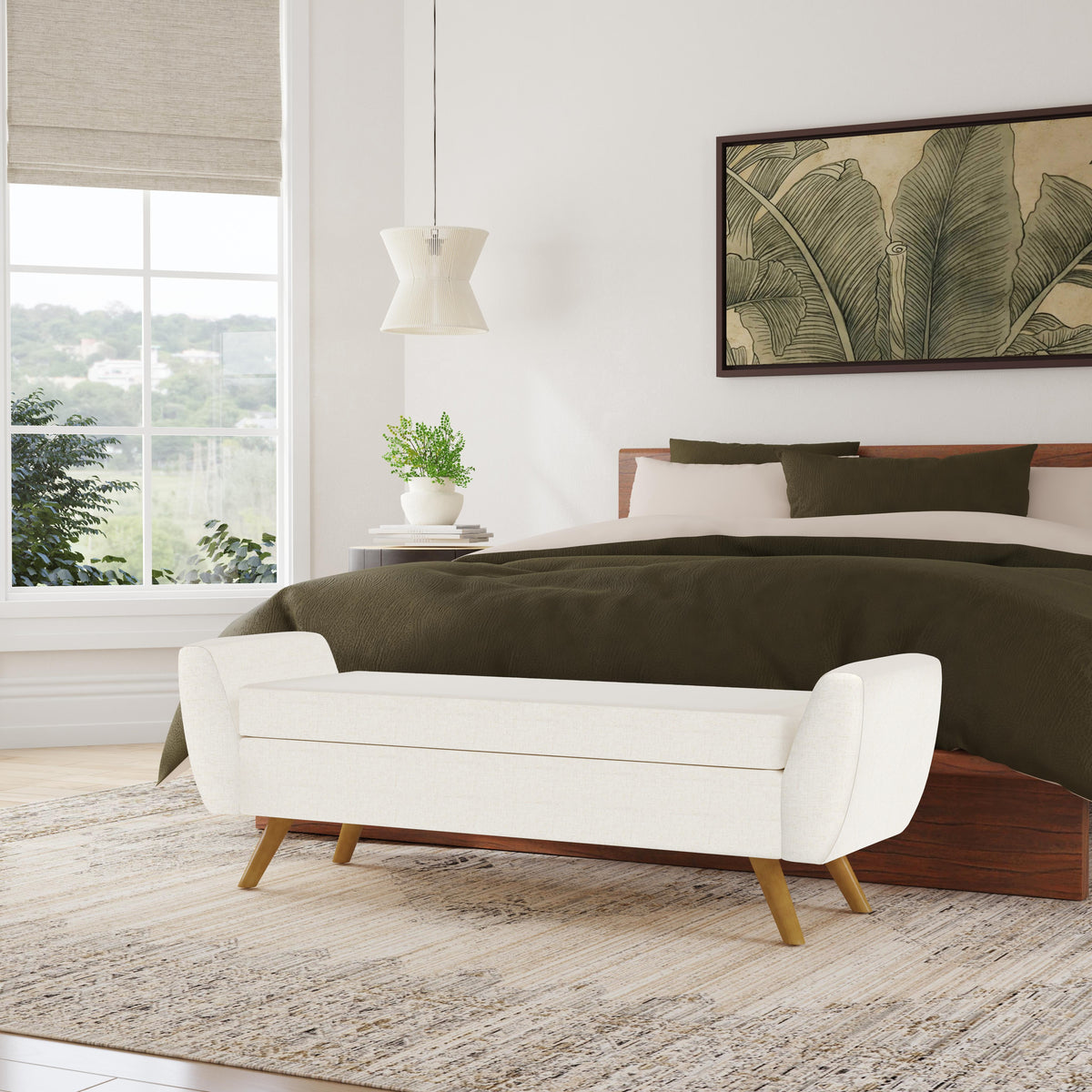 パンデイロ　CONTEMPORANEA HomePop Modern Storage Bench with Wood Legs - Cream Textured Woven