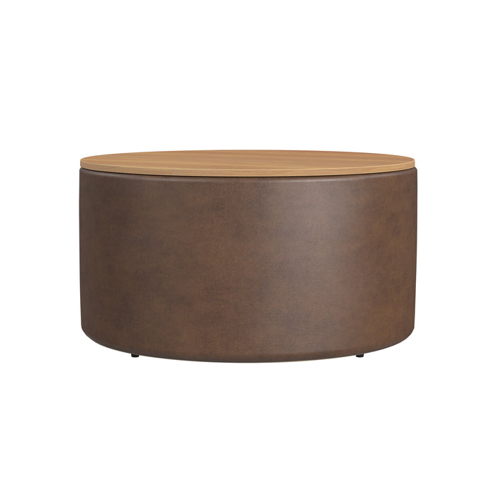HomePop Storage Ottoman with Wood Top - Brown Faux Leather