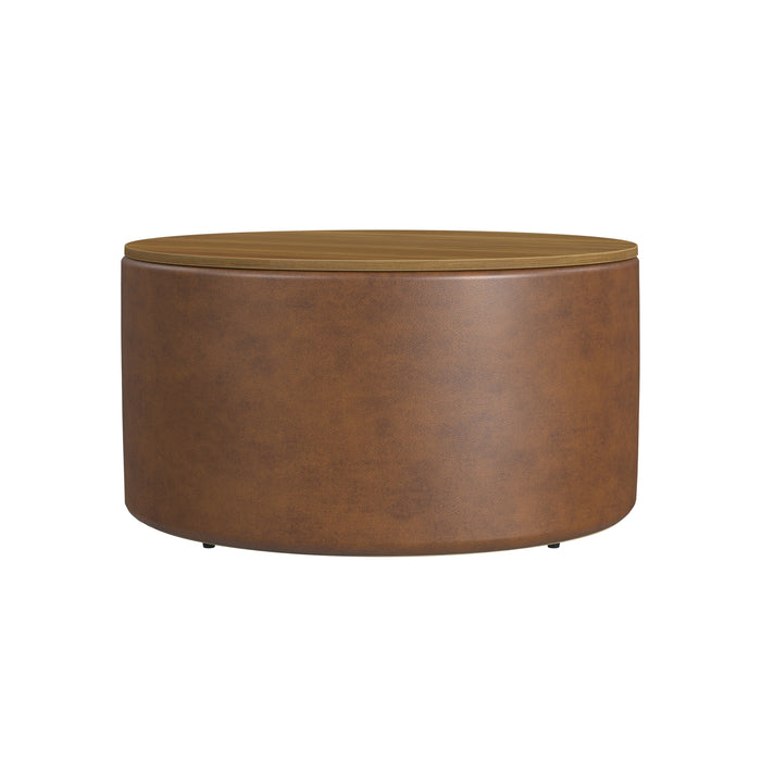 HomePop Storage Ottoman with Wood Top - Brown Faux Leather