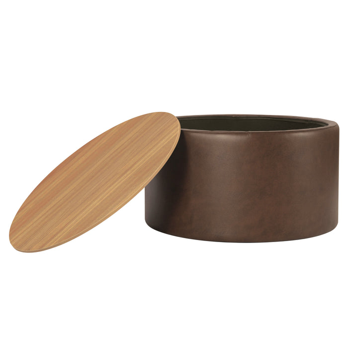 HomePop Storage Ottoman with Wood Top - Brown Faux Leather