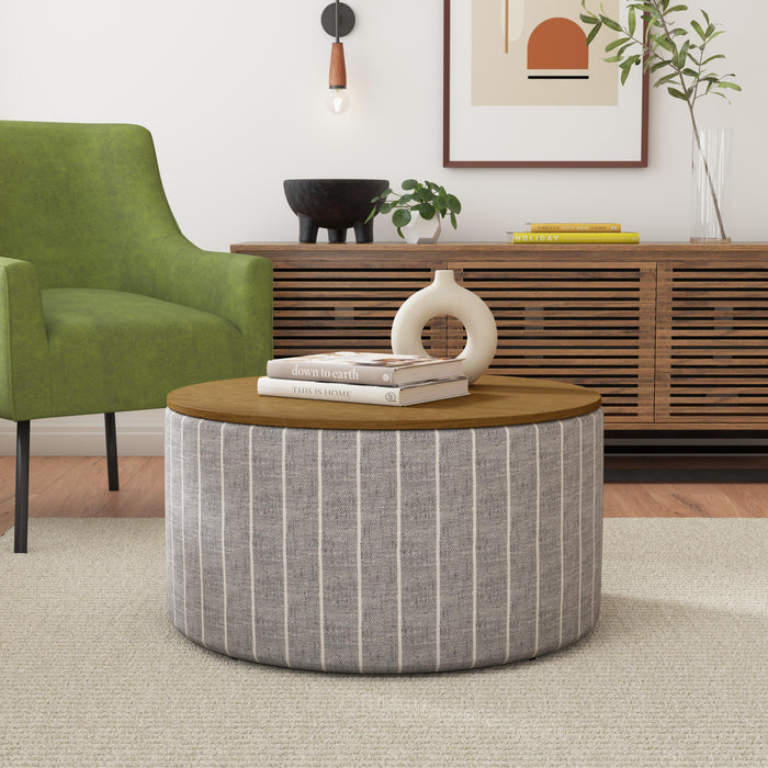 HomePop Storage Ottoman with Wood Top - Gray Pinstripe Fabric