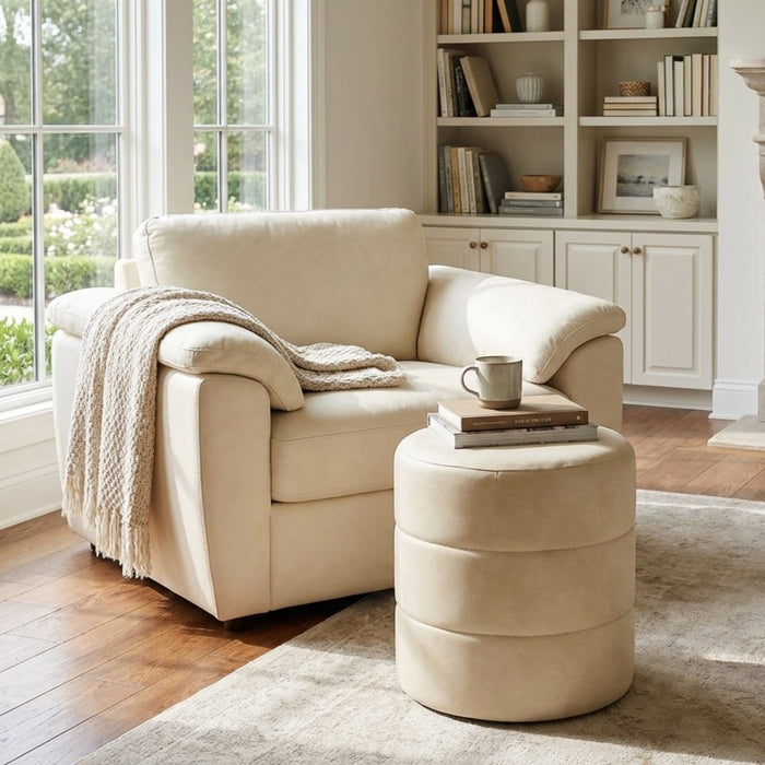 HomePop Upholstered Round Ottoman - Cream Faux Leather