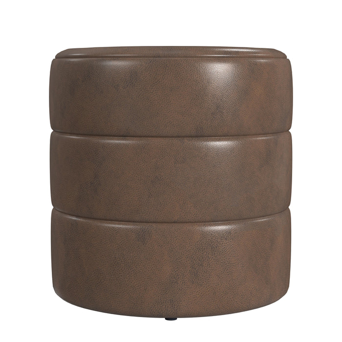 HomePop Upholstered Round Ottoman - Brown Faux Leather