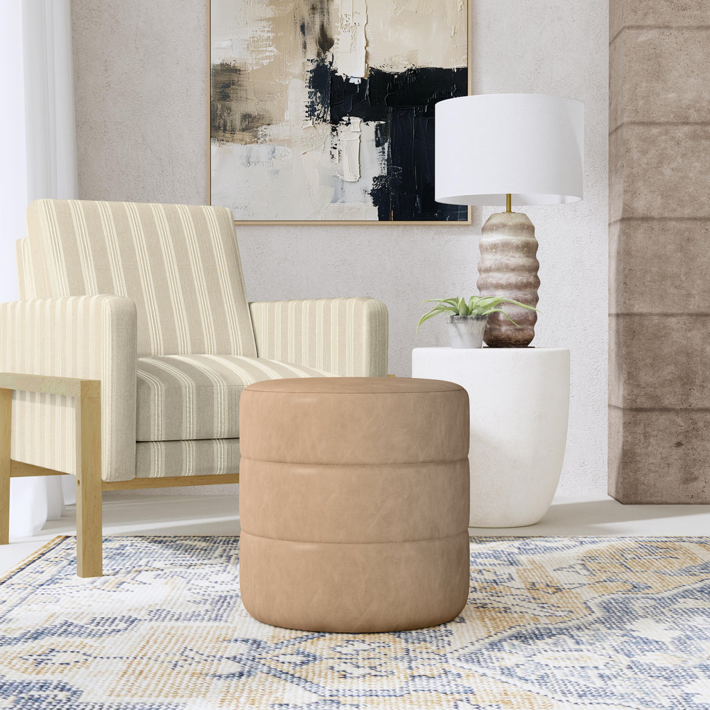 HomePop Upholstered Round Ottoman - Sand Faux Leather — HomePop