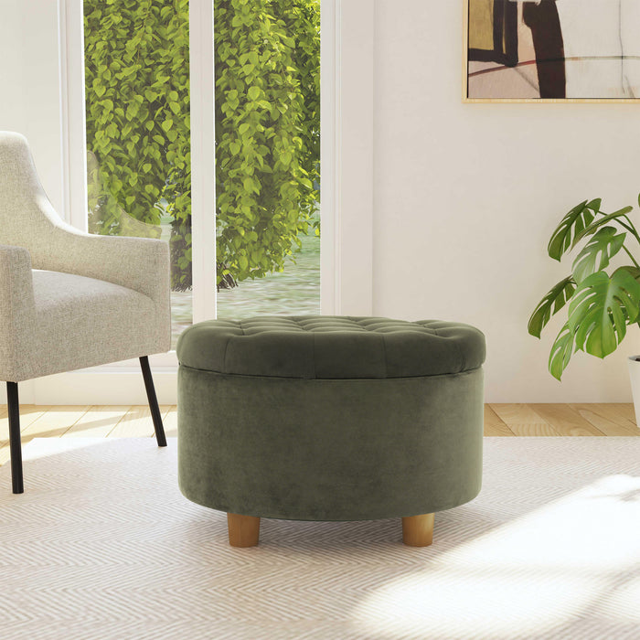 HomePop Round Storage Ottoman - Loden Green Velvet