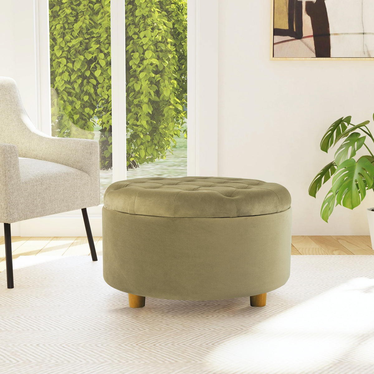 HomePop Round Storage Ottoman Light Sage Green Velvet HomePop Furniture