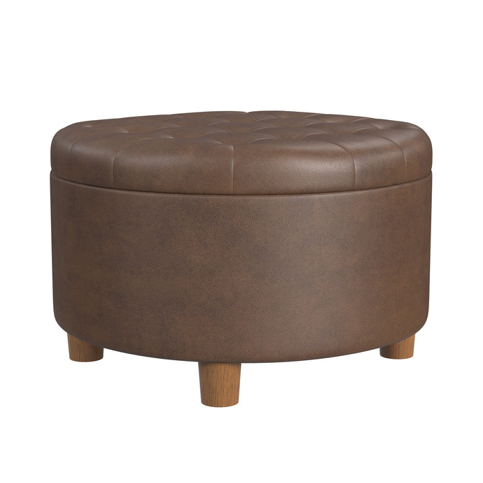 HomePop Round Storage Ottoman - Brown Faux Leather